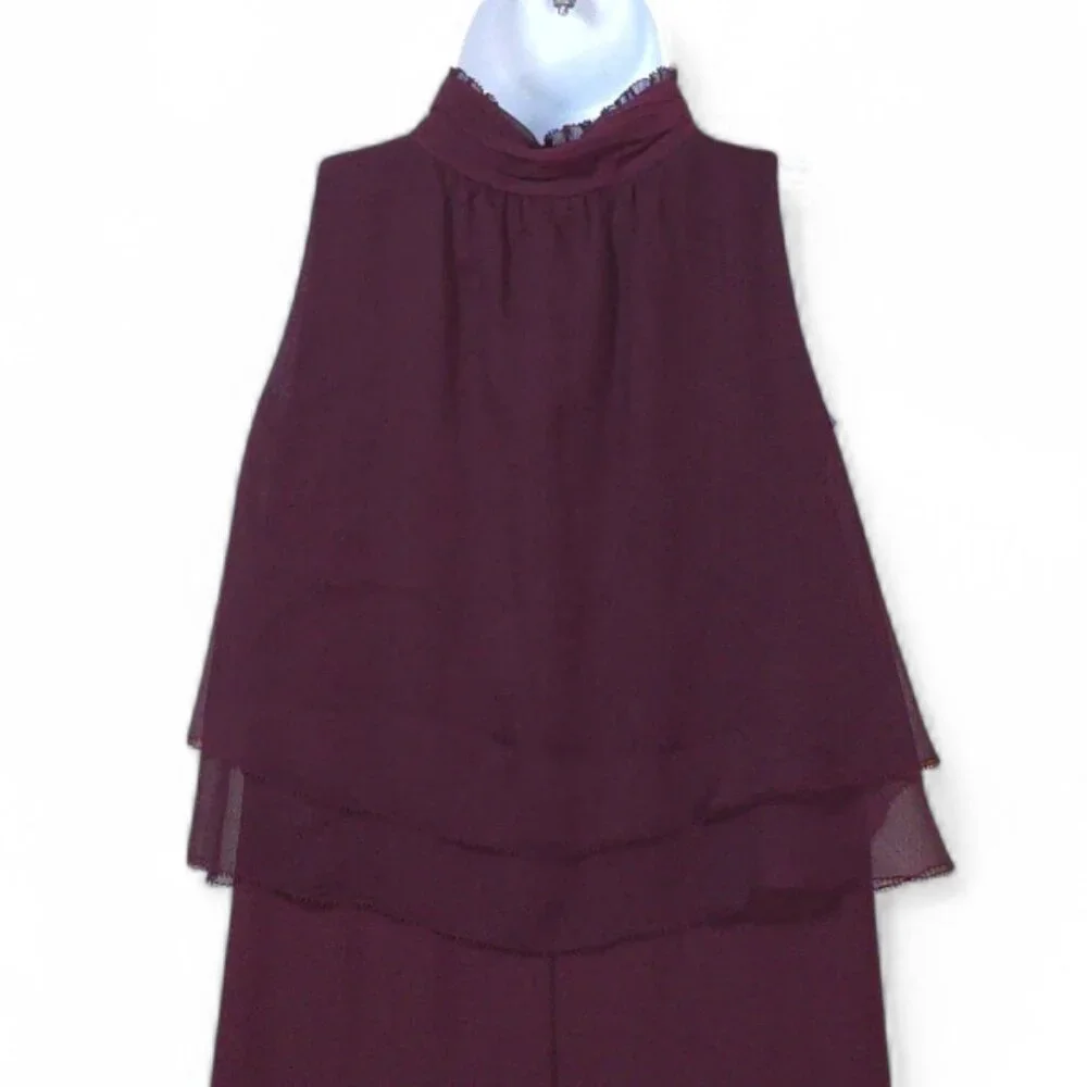 WHBM Burgundy Layered Chiffon Blouse Size 6 Sleeveless Keyhole Ruffle Top